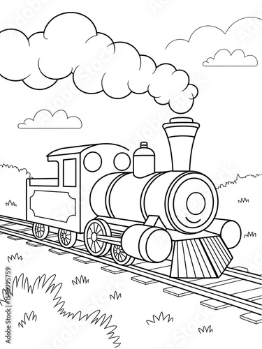 Black and White Line Art Drawing of a Vintage Steam Train on Tracks Kids Coloring Page Letter Paper Size 85x11 Inches