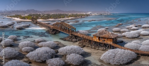 In Egypt's Wadi el Gemal National Park, a wooden bridge leads to mangrove trees, with a blue sky and sea visible in the distance