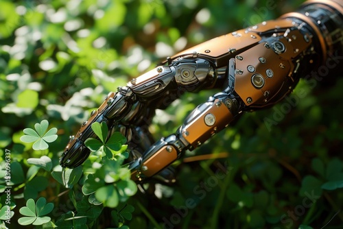 Detailed view of a metallic robot arm interacting with clover leaves. photo