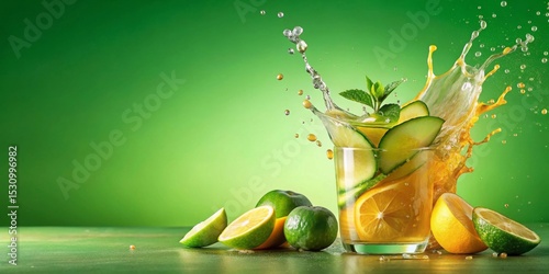 Refreshing citrus and cucumber beverage splashing into a glass