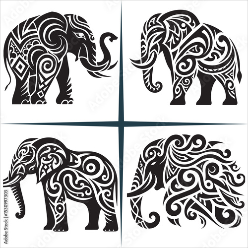 Wallpaper Mural Tribal Elephant Silhouette Vector,Intricate black and white vector illustration of an ornate elephant with detailed patterns. Torontodigital.ca