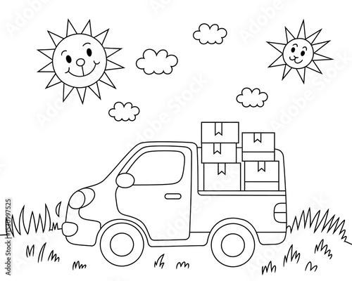 Black and White Line Art Pickup Truck Carrying Boxes Sunny Day Kids Coloring Page Letter Paper Size 85x11 Inches
