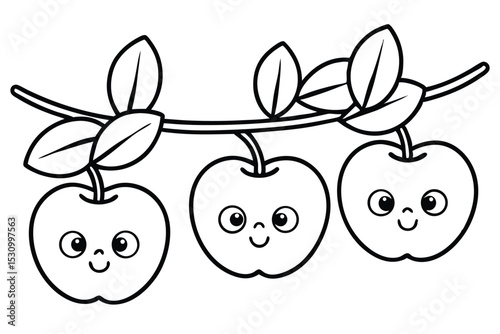 Cartoon illustration of three adorable smiling apples hanging from a branch with green leaves against a white background