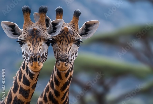 Giraffa camelopardalis tippelskirchi, a species of giraffe, are found standing in the East African savannah, with Kenya and Tanzania being part of their geographical range