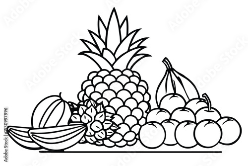 Black and white line art illustration of assorted fresh fruits including pineapple and bananas.