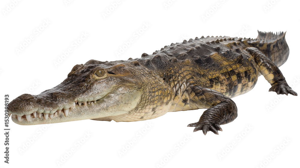 Naklejka premium A full body shot of a crocodile with its mouth closed and visible teeth on a black background