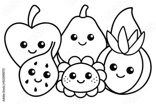 Adorable black and white outline illustration of cute smiling fruits and a flower for coloring fun