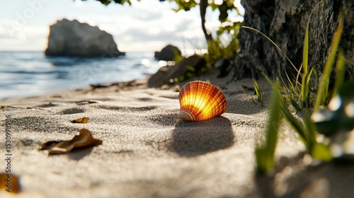 Seashell on Sandy Beach at Sunset