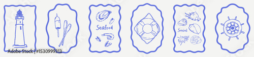 Summer chalk nautical poster set. Hand drawn marine wall print with rough crayon sketched elements. Coast sea vacation doodle vector illustrations for placard, invitation, menu. Lifebuoy, ship wheel.