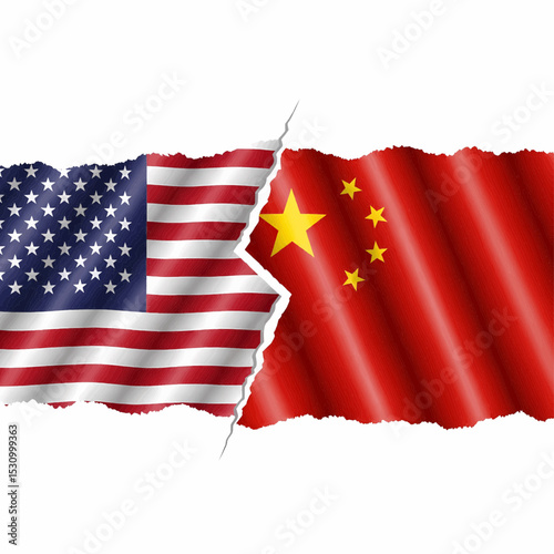 High-quality, realistic image of wavy USA and China flags side-by-side, divided by a jagged line. Features stars and stripes/stars, all with fine details and suitable for vector use.