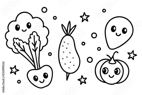 Cute smiling vegetables and a happy ghost with stars and dots in black and white doodle art