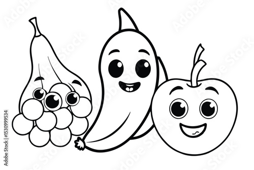 Adorable cartoon fruits smiling together illustrating healthy eating and nutritional choices in black and white