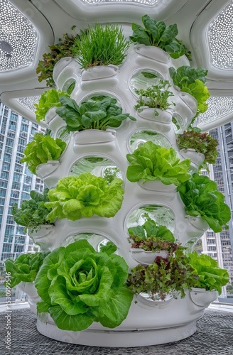 A hydroponic farm features a greenhouse where vegetables and herbs are grown