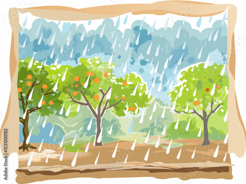 Colorful apple trees in the rain against a background of gray clouds