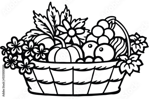 Black and white vector illustration of a basket filled with harvest fruits and floral decorations