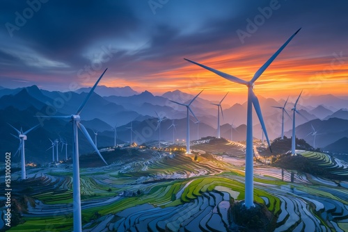 Scenic vista of a wind farm or wind park in Ninh Thuan, Vietnam, featuring tall wind turbines that produce electricity, with ample copy space, embodying the green energy concept