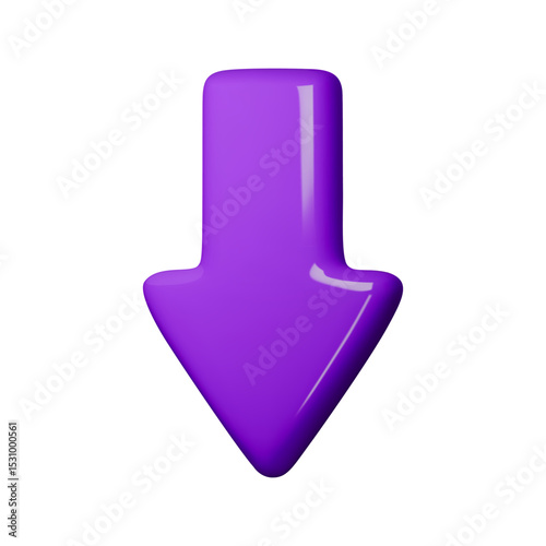 Purple glossy 3D arrow pointing downward, perfect for navigation or download icons. Vector illustration emphasizes bold design, modern aesthetics, and versatile usage for web or apps.