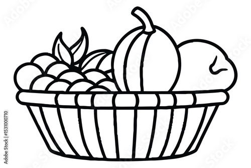 A black and white basket of various fruits and vegetables ready for harvesting or decoration