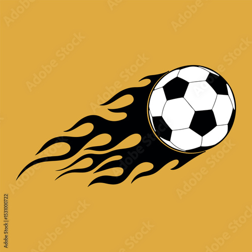 Flaming Soccer Ball Vector Icon – Black and White Football on Yellow Background, football, soccer, ball, flames, fire, sport