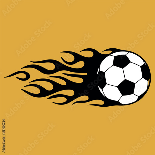 Flaming Soccer Ball Vector Icon – Black and White Football on Yellow Background, football, soccer, ball, flames, fire, sport