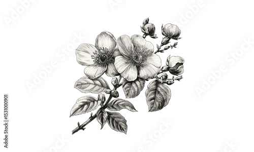 Flowering Branch Engraving Vector Illustration, vintage botanical art, floral vector, botanical drawings, detailed engraving, flower sketches, nature art, decorative vintage illustration