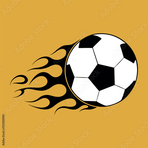 Flaming Soccer Ball Vector Icon – Black and White Football on Yellow Background, football, soccer, ball, flames, fire, sport