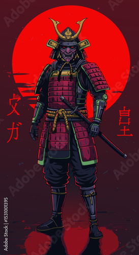 Futuristic samurai in neon armor standing before red digital sun with glowing kanji symbols