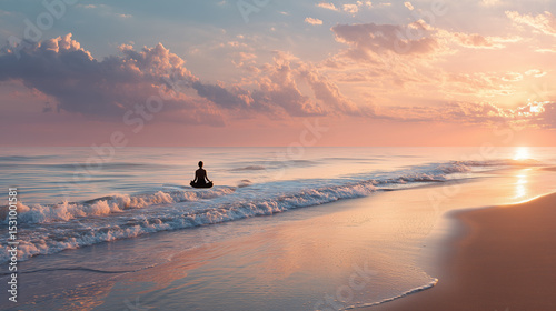 Peaceful beach sunrise scene with person meditating, right side intentionally blank for copy placement.
