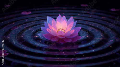  Floating lotus flower design in center of water ripples, with soft glow and blank top space.

