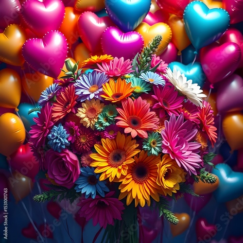 colorful heart balloons and bouquet of vibrant flowers