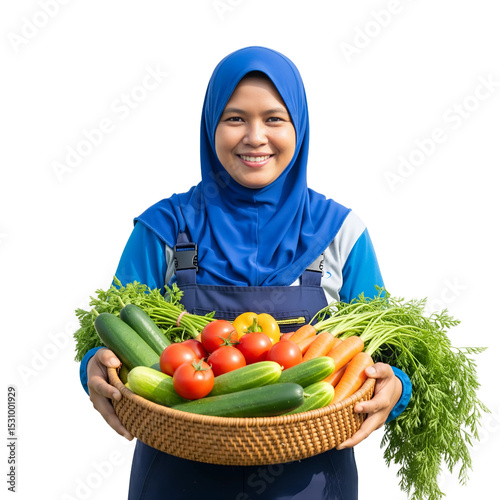 Smiling Woman Farmer Holding Basket of Fresh Vegetables