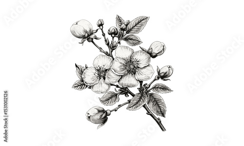 Engraving Vintage Flowering Branch Vector Illustration, floral design, nature illustration, botanical art, vintage line art, botanical engraving, intricate details, fine art prints, nature vector