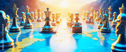 Geopolitical trade war impact: Tariffs disrupt global exports, affecting economy and inflation. Strategic Economic Chess Match Representing Geopolitical Conflicts