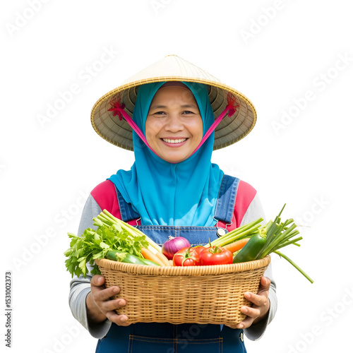 Smiling Female Farmer Holding Basket of Fresh Vegetables