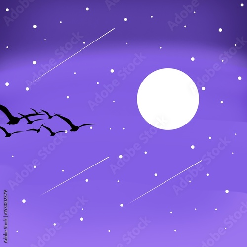 Minimalist night sky illustration with a full moon, stars, shooting stars, and a flock of birds flying across the scene. The artwork features a calming purple gradient background and silhouetted birds