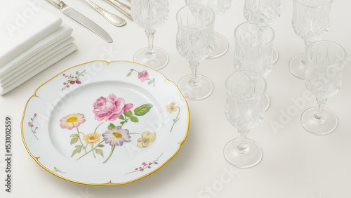 Elegant dining setup featuring floral plate and crystal glasses for a special occasion