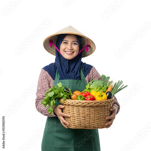 Smiling Female Farmer Holding Basket of Fresh Vegetables