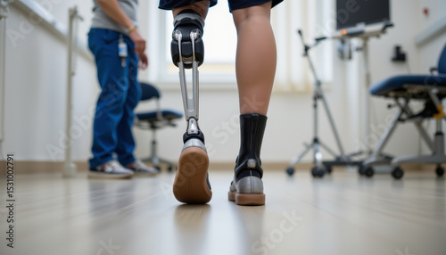 Closeup of leg prosthesis walking in rehabilitation room with therapist in background showing determination and progress