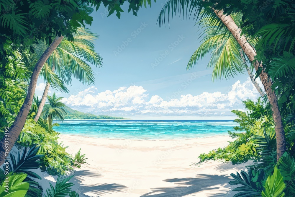 Fototapeta premium Lush tropical beach scene with palm trees.