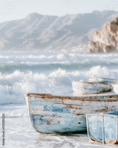 Fishing boats rest on the shore of Arher Beach in Socotra, Yemen, set against the ocean and a partly cloudy sky