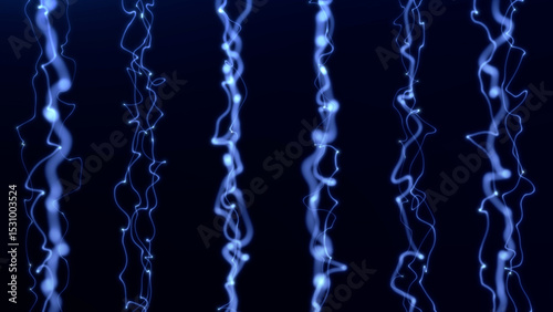Abstract glowing lines moving vertically in dark background, blue flowing light strands with soft glow and particle points, seamless 4K loop for tech, digital, motion design, energy