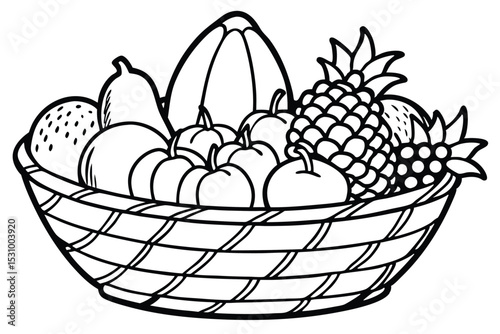 Black and white illustration of a full basket of fruits including apples pears pineapple and grapes a vector illustration