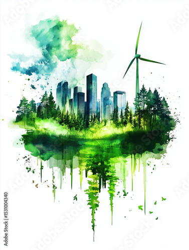 Urban landscape merging with nature showcasing sustainability and modern architecture