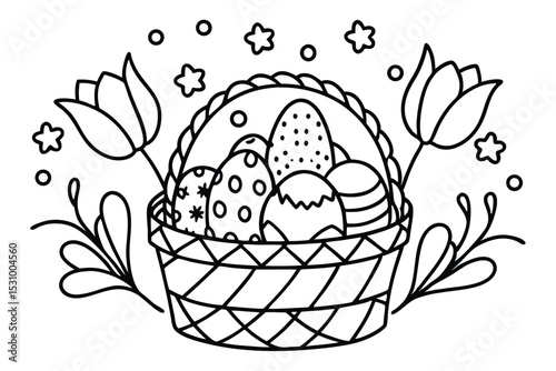 Black and white illustration of easter eggs in a basket with tulips and decorative elements for the holiday