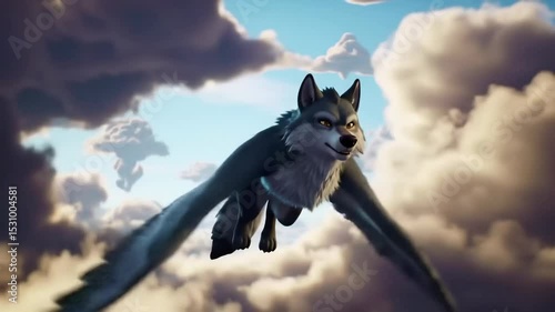 Animated wolf flying above fluffy clouds fantasy animal illustration for children