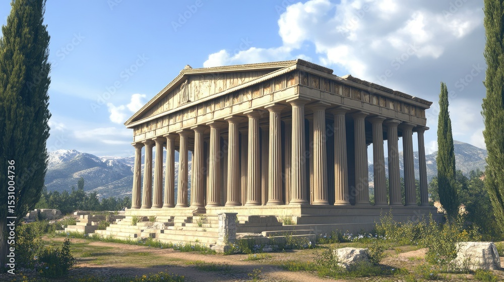 Fototapeta premium Ancient Greek Temple Majestically Set Against Mountainous Landscape