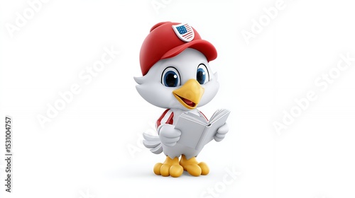 Adorable White Bird Cartoon Character Reading a Book