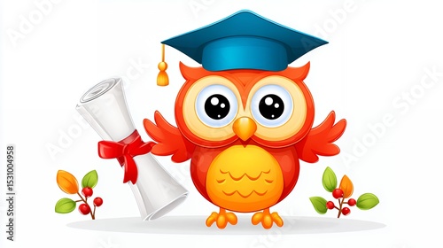 Cute Orange Cartoon Owl Graduation with Diploma and Cap