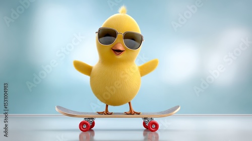 Cute Yellow Chick on Skateboard Wearing Sunglasses