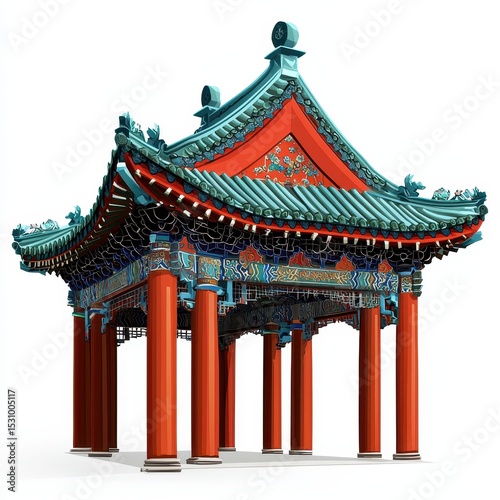 Intricate Red and Teal Chinese Pavilion Illustration